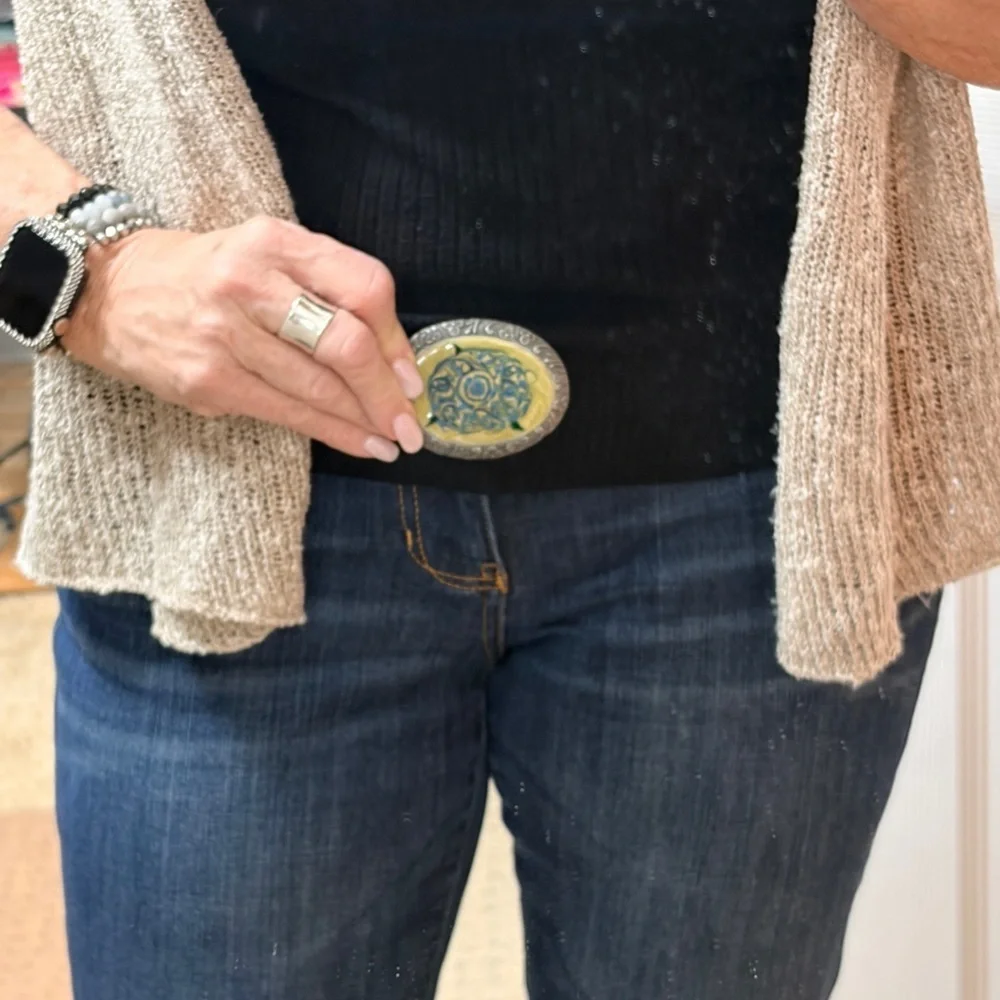 Belt Buckle Metal and Resin Handmade Artisan Blue and Yellow Womens Buckle